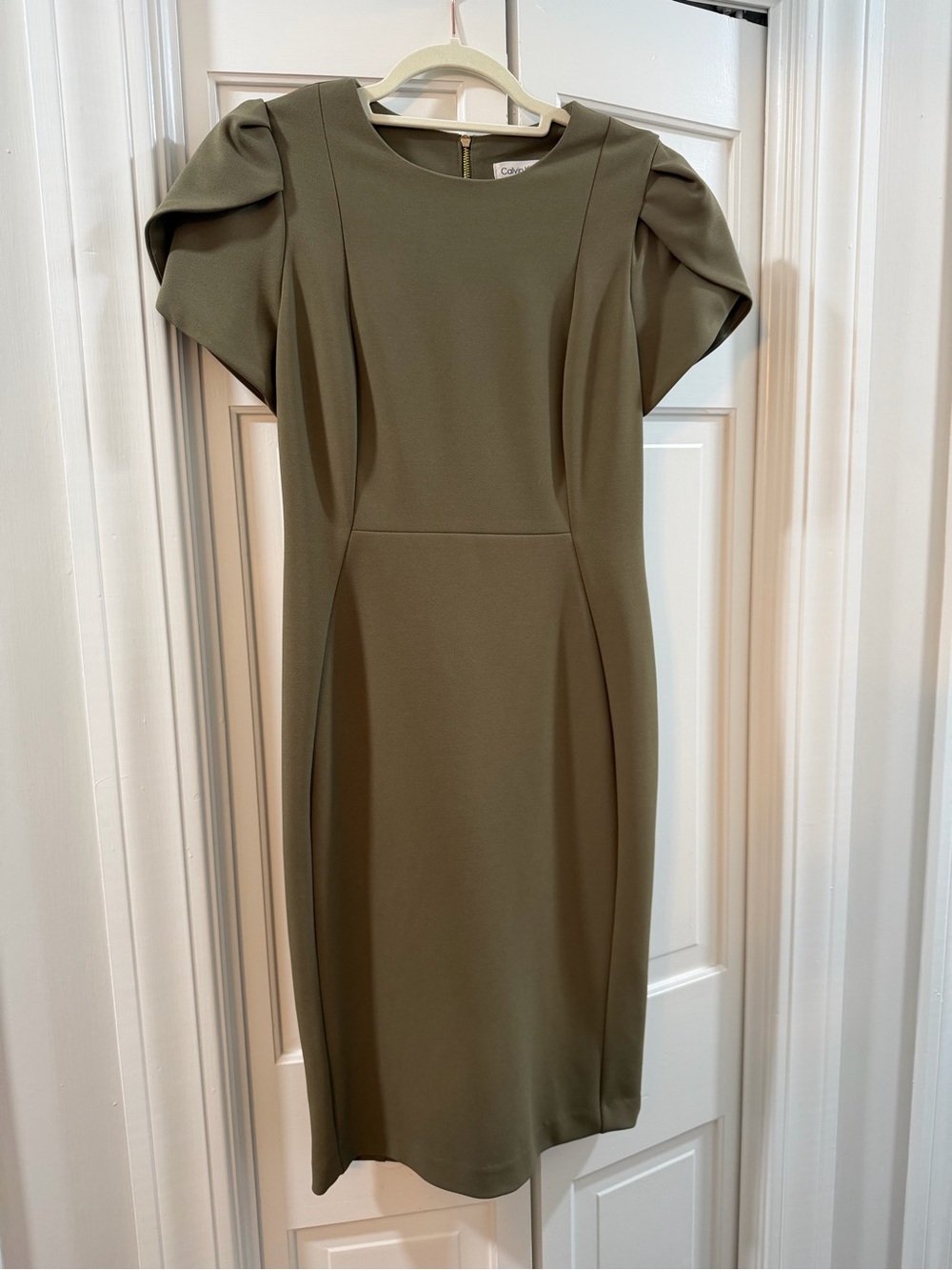 Calvin Klein Olive Green Sheath Midi Dress with Puff Shoulders